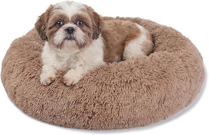 Calming Donut Dogs Beds for Small Dogs Washable,23inch Plush Round Pet Bed for Cozy Sleep,Fluffy Faux Fur Large Cat Bed,Fits up to 25 lbs Pets,Camel