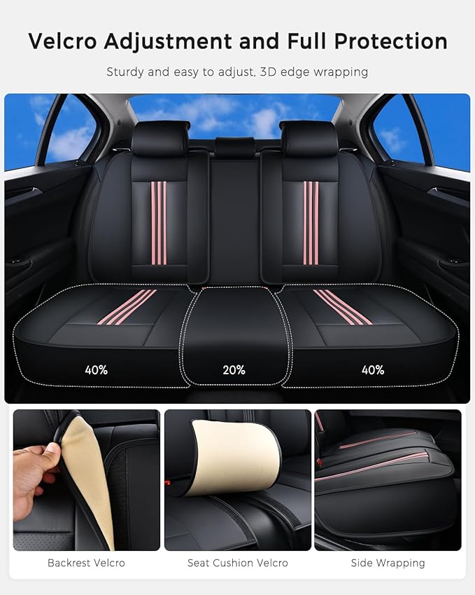 Huidasource Rear Car Seat Cover, Nappa Leather Rear Seat Cover with Ventilation Holes, Velcro Adjustable, Compatible with Armrests, Seat belts, Child Safety Seats, for Most Cars SUV Truck, Black＆ Pink