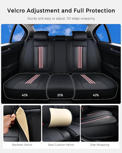Huidasource Rear Car Seat Cover, Nappa Leather Rear Seat Cover with Ventilation Holes, Velcro Adjustable, Compatible with Armrests, Seat belts, Child Safety Seats, for Most Cars SUV Truck, Black＆ Pink