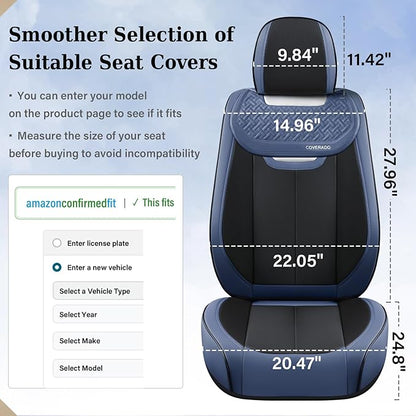 Coverado Front Seat Covers, Breathable Nappa Leather Car Seat Cover, Universal Seat Covers for Cars, Waterproof Car Seat Protector, Driver Seat Cover Fit for Most Cars(Blue&Black)