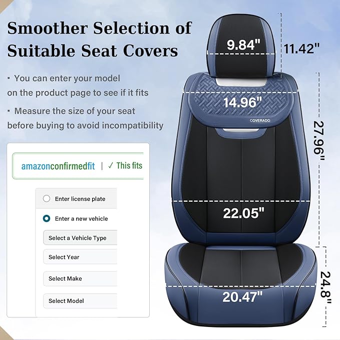 Coverado Front and Back Seat Covers for Cars, Nappa Leather Car Seat Covers Full Set, Waterproof Carseat Protector Seat Cushion, Luxury Automotive Seat Covers Universal Fit for Most Cars(Blue&Black)