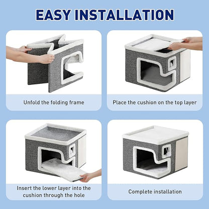 Cat Houses for Indoor Cats,Foldable with Cat Scratch Pad and Hanging Fur Ball - Washable Semi-Enclosed Cat Bed, Warming Comfy Cat Tent,16.5x16.5x12.99inch, Grey
