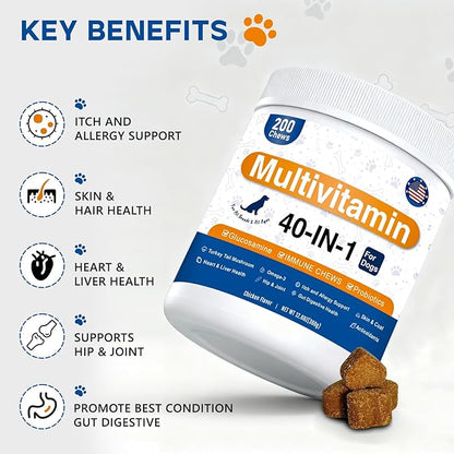 40-in-1 Dog Vitamins Chewable Multivitamin for Dogs Supplements with Glucosamine MSM - Turkey Tail Mushroom, Digestive Enzymes Gut Probiotics, Hip & Joint, Skin & Coat Immune Support, 400ct