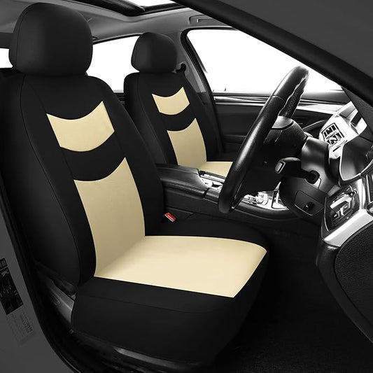 Universal Car Seat Covers for Front Seats, Cloth Front Car Seat Cover, Easy to Install, Breathable and Washable Universal Interior Covers for Auto, SUV, Sedan, Van, Airbag Compatible, Black & Beige