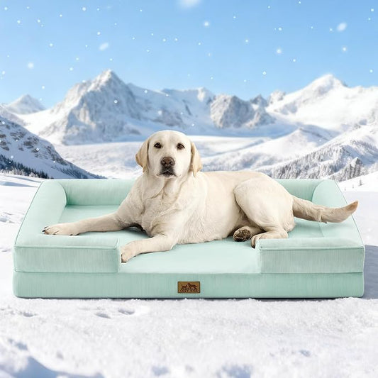 COZY KISS Cooling Dog Bed for Extra Large Dogs 44x32 inch, Q-Max >0.4 Summer Cool Orthopedic Foam Pet Sofa Bed with Sides, XL Size Bolster Anti-Slip Couch with Washable Removable Cover, Green