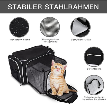 BAGLHER Expandable Cat Carrier with Travel Litter Box, Pet Travel 5 Sides Open Doors 3 Sides, Leak-Proof and Collapsible, for Car, Airplane Trip, Black