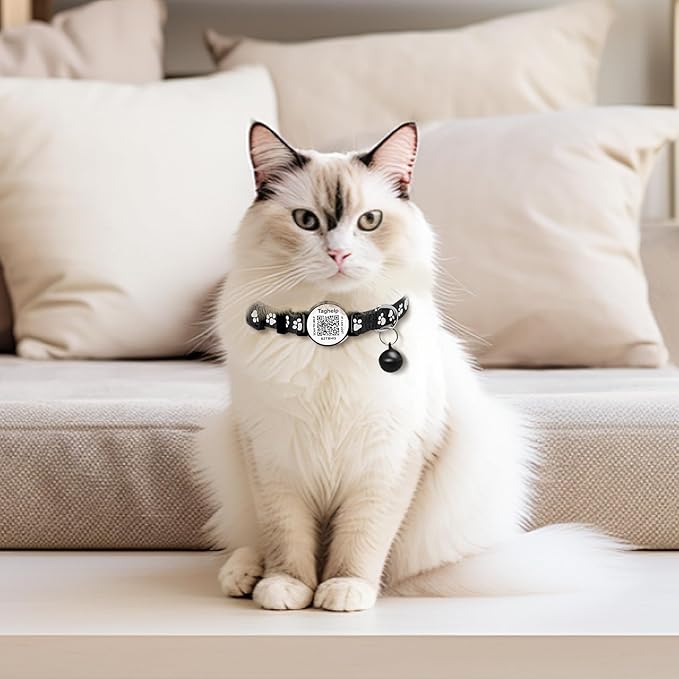 2-Pack Reflective Cat Collar with Bell - Breakaway Safety Collar Elastic Design, QR Code Name Tag & Night Safety Feature for Indoor/Outdoor,Kitten Cat ID Tag Personalized(Black)