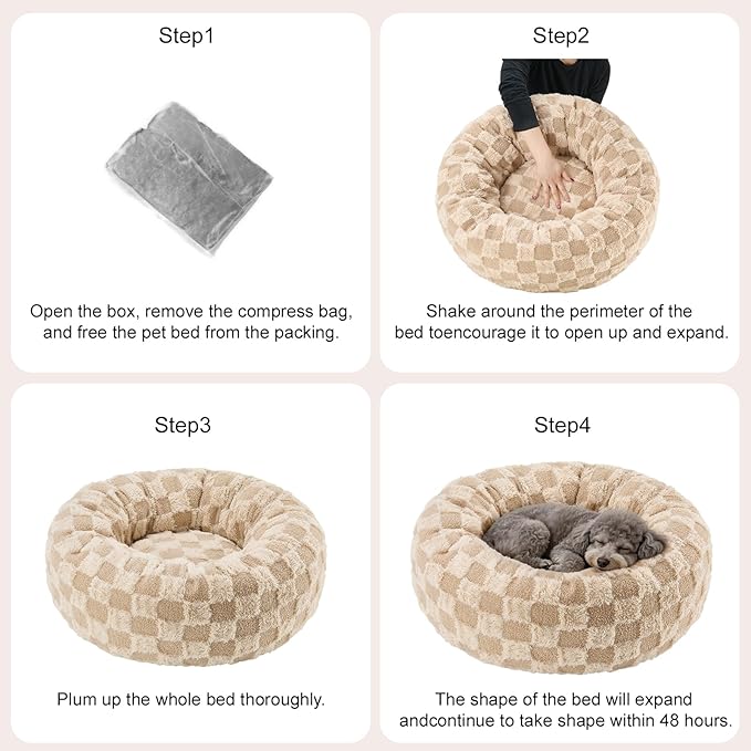 Dog Calming Beds for Small Medium Large Dogs - Round Donut Washable Puppy Dog Bed, Anti-Slip Faux Fur Fluffy Donut Cuddle Anxiety Cat Pet Bed (32" Grid)