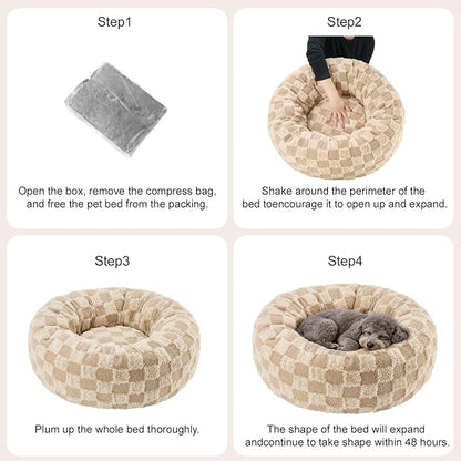 Dog Calming Beds for Small Medium Large Dogs - Round Donut Washable Puppy Dog Bed, Anti-Slip Faux Fur Fluffy Donut Cuddle Anxiety Cat Pet Bed (32" Grid)