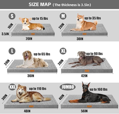 Patas Lague Orthopedic Dog Bed Large Sized Dog 36''X24'', Waterproof Soft Comfortable Egg Crate Foam Large Pet Beds Crate Mat with Removable Washable Cover and Nonskid Bottom, Grey