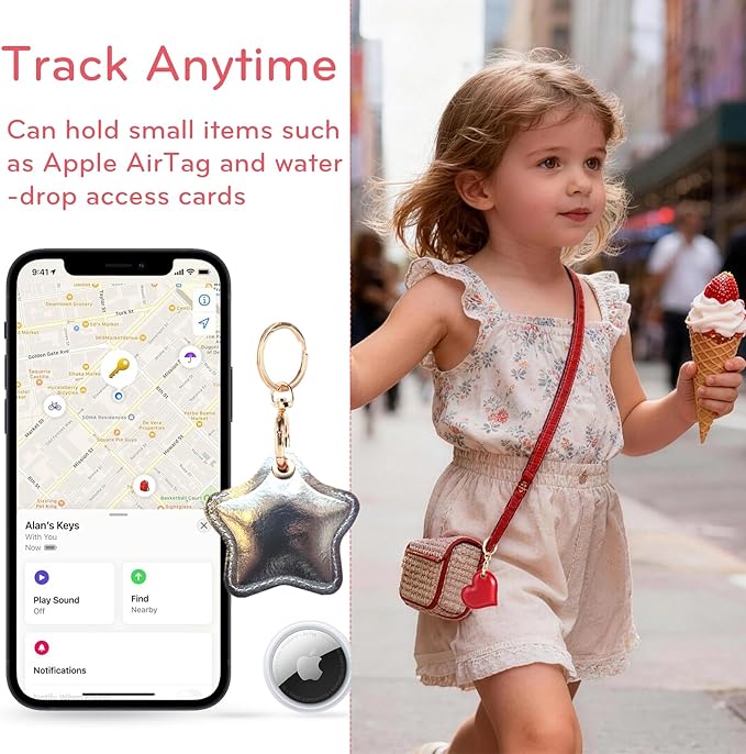 Leather Charm Keychain Holder Case Compatible with AirTag,Cute Protective Star-Shaped Cover with Luxe Ring Clip,Finder GPS Tracker Case for Wallet Keys,Bag,Pets(Silvery)