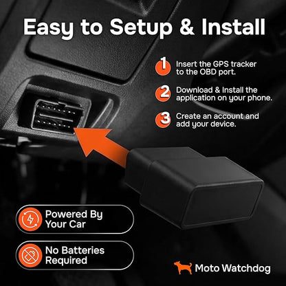 GPS Tracker for Vehicles, No Subscription with Real-Time Location, Mileage Tracking, Speeding Monitoring, Route History, Geofence, OBD, for Fleets & Families, USA, Moto Watchdog