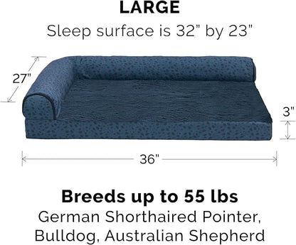 Furhaven Orthopedic Dog Bed for Large/Medium Dogs w/ Removable Bolsters & Washable Cover, For Dogs Up to 55 lbs - Plush & Almond Print L Shaped Chaise - Blue Almonds, Large