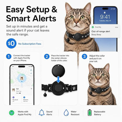 Pet Tracker,GPS Collar for Cats (iOS Only) Smart tag,Waterproof Compatible with Apple Find My,No Monthly Fee,Advanced Tracking Solution Smart Collar for Pet Safety Ideal Small Large Cats
