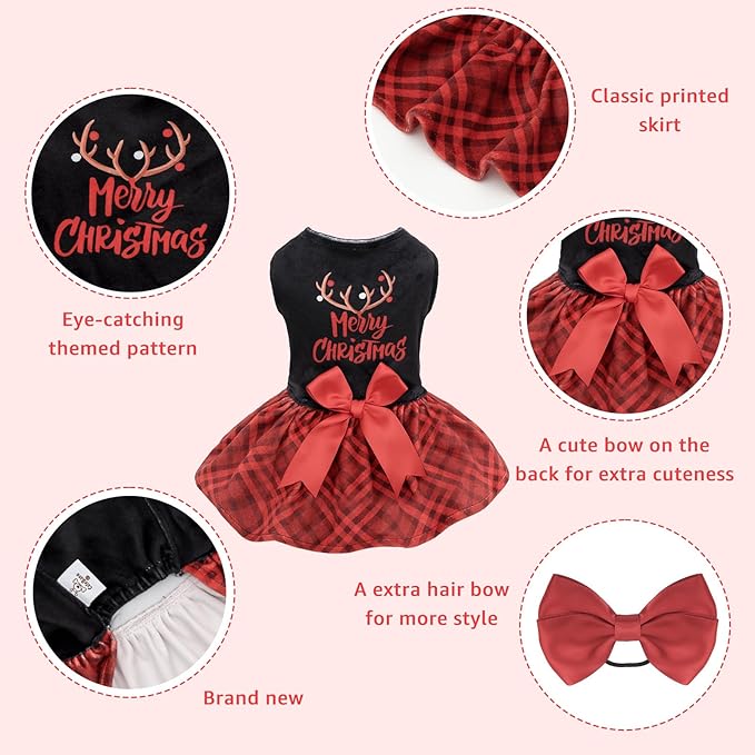 CuteBone Christmas Dog Dresses Velvet Holiday Small Dogs Clothes Onesie Pet Apparel Girl Puppy Skirt with Bow Hair Rope CVA59L-D