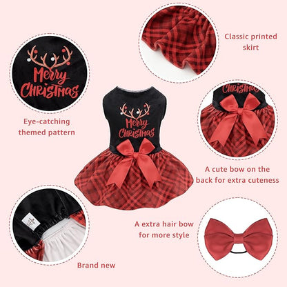 CuteBone Christmas Dog Dresses Velvet Holiday Small Dogs Clothes Onesie Pet Apparel Girl Puppy Skirt with Bow Hair Rope CVA59XS-D
