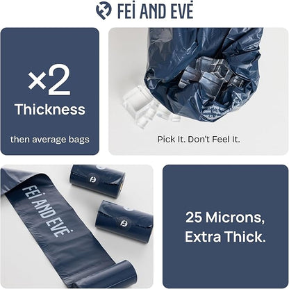 Fei & Eve Dog Poop Bags - Extra Thick 25 Micron & 100% Leak-Proof | Full Blackout & Odor-Locking | Stretch Resistant | Easy to Tear off | Waste Bags | Unscented | 8 Rolls