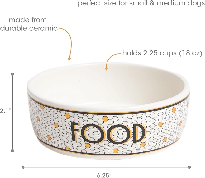 Pearhead Ceramic Dog Food Bowl – Bistro Tile Honeycomb with Gold Accents Stoneware Pet Food & Water Bowl for Small Dogs, Weighted Non-Plastic Feeding Dish, Small/Medium 2.25 Cups/ 18 oz