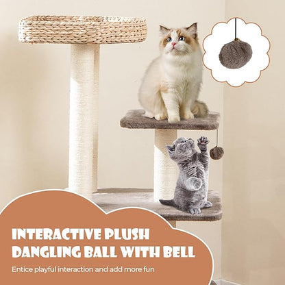 PETSITE 52 inch Cattail Cat Tree, Multi-Level Cat Tower with Scratching Posts, Cat Condo, Top Perch, Hanging Jingling Ball and Soft Washable Cushions, Modern Cat Tree for Indoor Cats