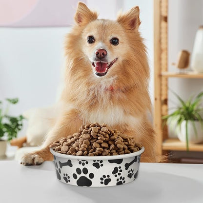 Whaline 50Pcs Pets Disposable Feeding Bowls 16 oz 2 Cup Black White Cute Design Paper Dog Cat Bowls Bulk Bone and Paw Pattern Pets Travel Bowl Serving Water Food Tray for Puppy Kitten Small Dogs Cats