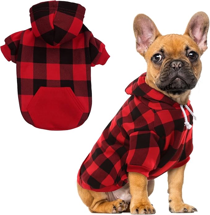 EXPAWLORER Plaid Dog Hoodie - British Style Warm Dog Sweater Shirt with Leash Hole,Pitbull Clothes Outfits,Winter Coat Apparel for All Breeds Puppy Girl Boy-Cat Apparel,Buffalo Check Large