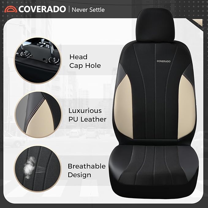 Coverado Automotive Seat Covers Front Seats, Luxury Car Seat Covers, Auto Seat Covers 2-Pack, Beige Driver Seat Protectors, Universal Fit for SUVs, Trucks, Sedans
