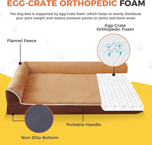 Dog Bed Large Sized Dogs, XL Orthopedic Dog Bed for Large Dogs, Waterproof Pet Bed with Washable Removable Cover, L-Shaped Pet Couch with Portable Handle 42"x30"x7.5", Brown
