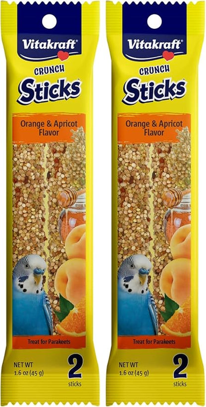Vitakraft Crunch Sticks Parakeet Treat – 2 Sticks in Orange and Apricot Flavor – Triple Baked with Natural Wood Center – Added Vitamins and Minerals with Cage Clip Holder for Long-Lasting Enrichment