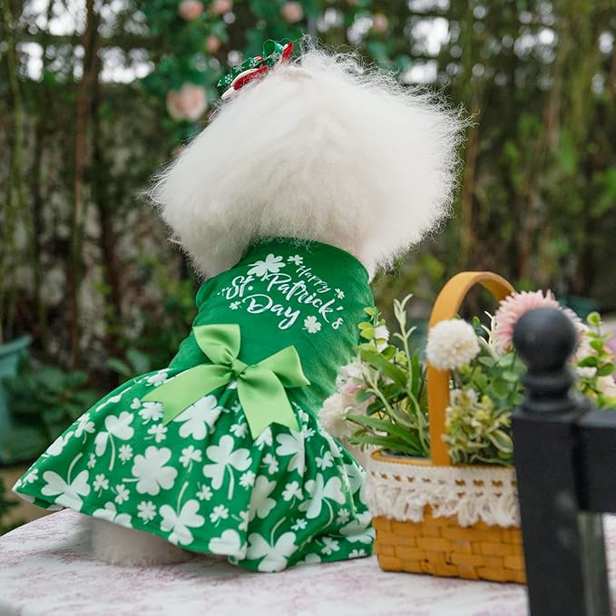 CuteBone St.Patrick's Day Dog Green Dress Velvet for Small Dogs Girl Puppy Dresses Clover Dog Clothes CVA14M-D