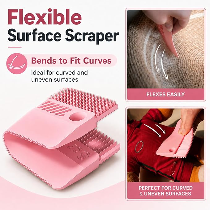 2 Pack Reusable Pet Hair Remover and Fabric Lint Scraper Set, Pink | Double-sided lint remover and flexible fabric scraper for dog cat hair on clothes, sofas, bedding, rugs and car seats.