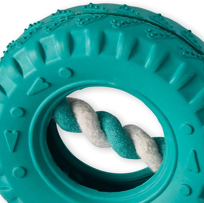 Pet Passion Natural Rubber Tire and Organic Cotton Rope Pull and Chew Dog Toy for All Pet Breeds, Teal, One Size