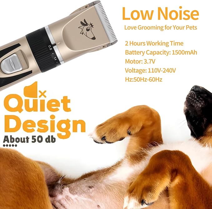 Aovdy Dog Clippers Grooming Kit, Low Noise with Rechargeable, Pet Shaver Cordless Electric Quiet Hair Thick Coats Clippers Trimmers Set for Dogs Cats Rabbit Pets (Gold)