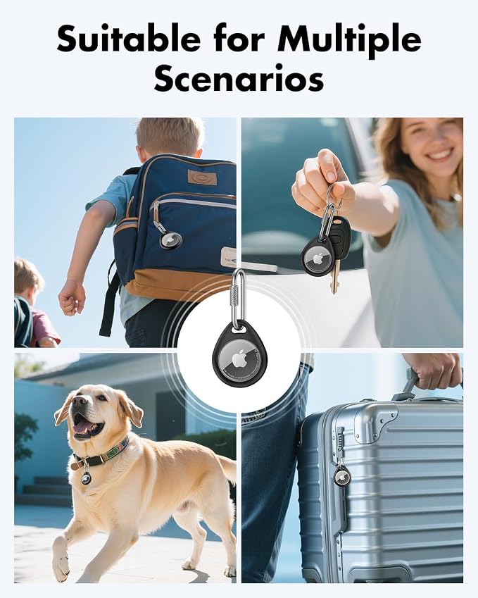 UNBREAKcable for AirTag Holder Case with Professional Carabiner, 4 Pack | Waterproof, Shockproof, Hold Securely, Easy to Install, Protective AirTag Keychain for Keys, Pets, Luggage-Black