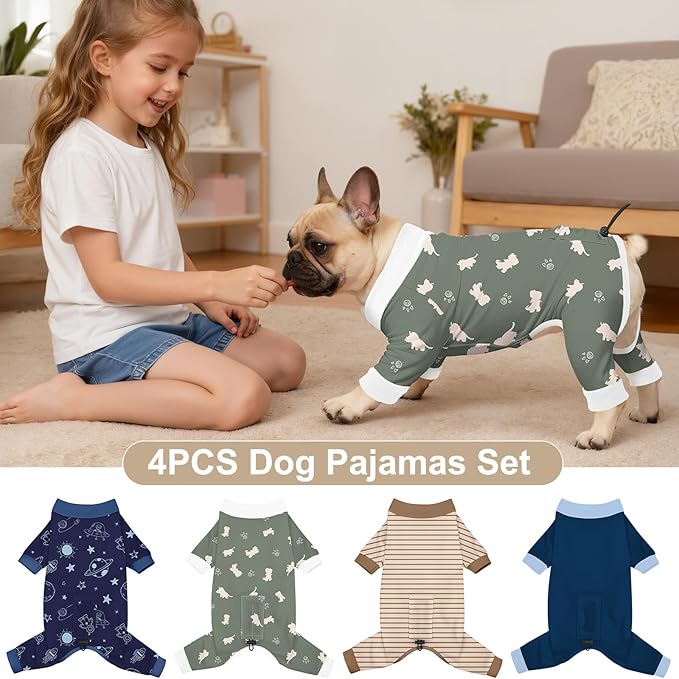 Bienbee Dog Pajamas, 4 Pack Dog Recovery Suit Shedding Suit Cute Soft Puppy Clothes Dogs Pjs Onesies Jammies Adjustable Breathable & Stretchy Clothes for Small Medium Large Dogs Girl Boy Puppy-M