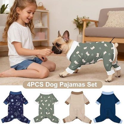 Bienbee Dog Pajamas, 4 Pack Dog Recovery Suit Shedding Suit Cute Soft Puppy Clothes Dogs Pjs Onesies Jammies Adjustable Breathable & Stretchy Clothes for Small Medium Large Dogs Girl Boy Puppy-M