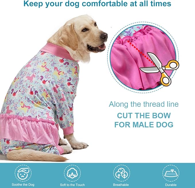LovinPet Large Breed Dog Pajamas Onesie, Lightweight Stretchy Knit Dog Jammies, Unicorn Seafoam Print, Stop Shedding for Dogs, Pet Pajamas for Dogs, Pet PJ's, L