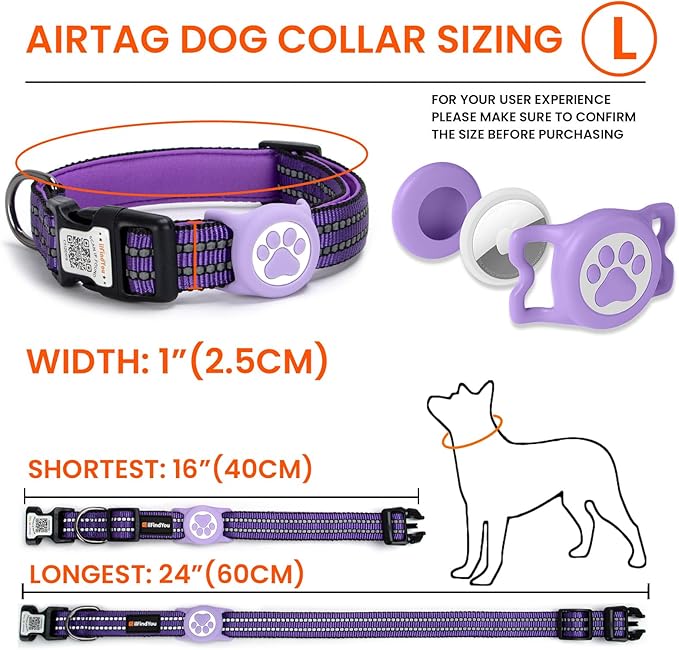 AirTag Dog Collar for Large Dogs, IP68 Waterproof Air Tag Dog Collar with Apple AirTag Holder, Reflective, QR Code Personalized Dog Tags(Purple, Large)
