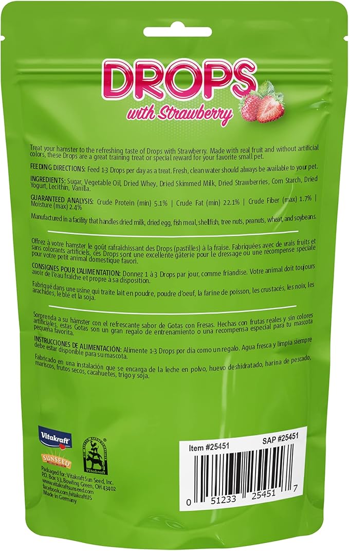 Vitakraft Hamster Strawberry Drops Treats 5.3 oz - Wholesome Small Animal Snacks with Yogurt and Fruit Flavor - Tasty Reward for Hamsters Gerbils and Other Little Pets