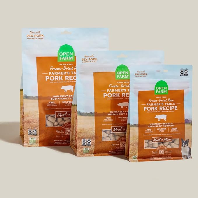 Open Farm, Freeze Dried Raw Dog Food, Morsels with 95% Meat, Organs & Bone, Organic Produce & Superfoods, Complete Meal or Freeze Dried Dog Food Topper, Pork Recipe, 22oz Bag