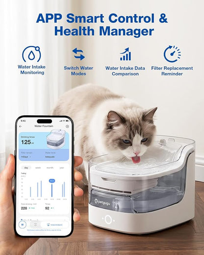PETGUGU AI Cat Water Fountain with Smart App,8-Layer Filtration,Wireless Ultra Quiet Pump,Pet Health Manager,2.4G WiFi Automatic Water Dispenser for Cats Dogs Pet Water Fountain Easy to Clean