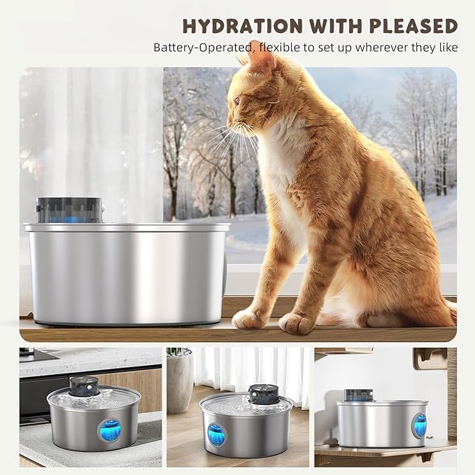 Casfuy PWL-003 Smart Motion Sensor Cordless Stainless Steel Dog & Cat Water Fountain, 108-oz