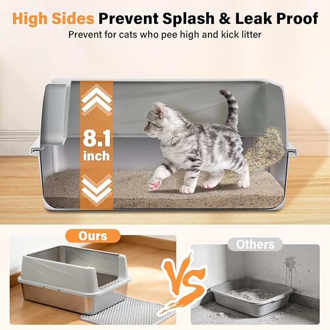 Stainless Steel Cat Litter Box, Metal Litter Box with High Sides Lid for Kittens, Medium Cat, Include Scoop and Mat, Non-Sticky, Anti-Leakage, Easy to Clean, M