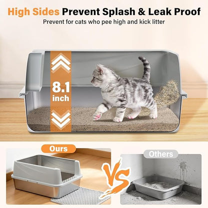 Stainless Steel Cat Litter Box, Metal Litter Box with High Sides Lid for Kittens, Medium Cat, Include Scoop and Mat, Non-Sticky, Anti-Leakage, Easy to Clean, M
