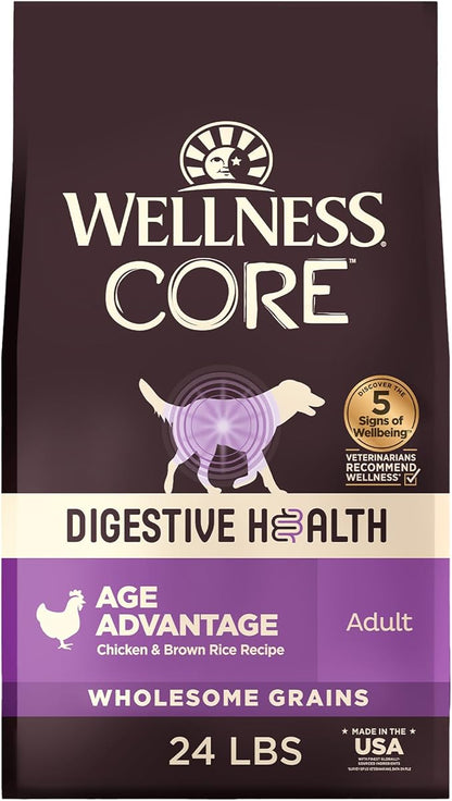 Wellness CORE Digestive Health Age Advantage Senior Dry Dog Food, Wholesome Grain Kibble, Sensitive Stomach, Natural, High Protein, Chicken and Brown Rice Recipe, 24 lb Bag