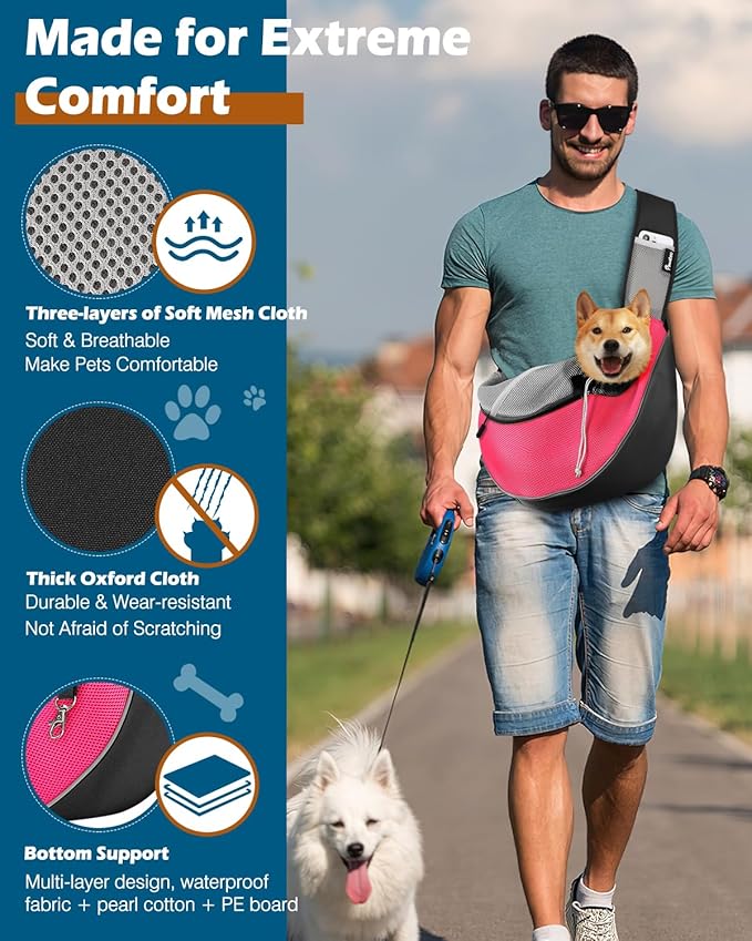 Pawaboo Pet Dog Sling Carrier, Hand Free Breathable Mesh Puppy Carrier, Dog Papoose with Zipper Touch Pocket and Adjustable Strap, Crossbody Satchel Dogs Purse for Outdoor, M, Pink