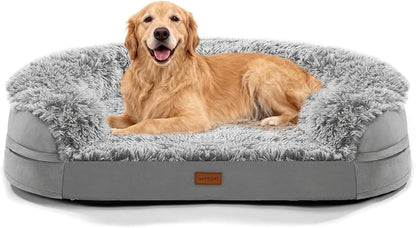iweepet 3.7 inch Thickened Orthopedic Dog Beds for Extra Large Dogs, Fluffy Supportive Dog Sofa Bed with 28D Egg-Crate Foam, Removable Washable Cover, Waterproof Lining, Cozy Oval Design,Grey