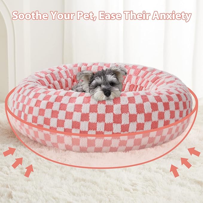 BFPETHOME Donut Dog Beds for Small Dogs, Cute Small Dog Bed for Puppy and Kitten, Round Calming Pet Bed with Non-Slip Bottom, Machine Washable,24inch, Pink
