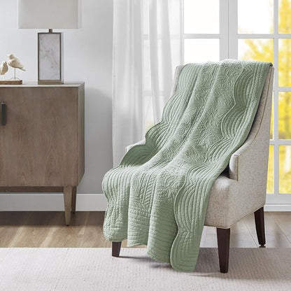 Madison Park Luxe Quilted Throw Blanket - Damask Stitching Design, Cotton Filled Spread, Ultra Soft, Cozy Bedding for Living Room Couch, Sofa, Bed, 60x72", Scalloped Borders Seafoam