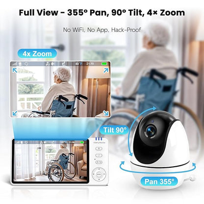 Elderly Monitor with Camera and Audio & Call Button, 2-Way Talk Room Monitors for Elderly, Med Reminder Temp Alert Baby Monitors for Elderly Care & Caregivers, PTZ Camera for Senior Monitoring/No WiFi