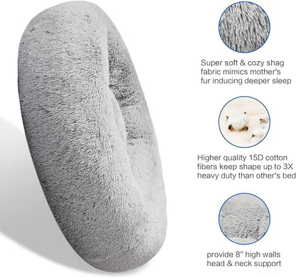 SAVFOX 20 inches Calming Donut Dog Bed - 3X Durable Plush Faux Fur, Machine Washable & Non-Slip, Fits up to 15 lbs, Light Grey